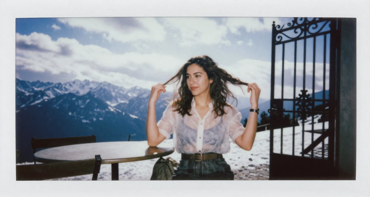 A carefree Female Previously a hairstylist, now showcasing transformation-driven content in their 36, sharing realistic fitness routines for busy people, wearing a sheer sleeve blouse and a high-waisted skirt, twirling a lock of hair in a snowy mountain peak.