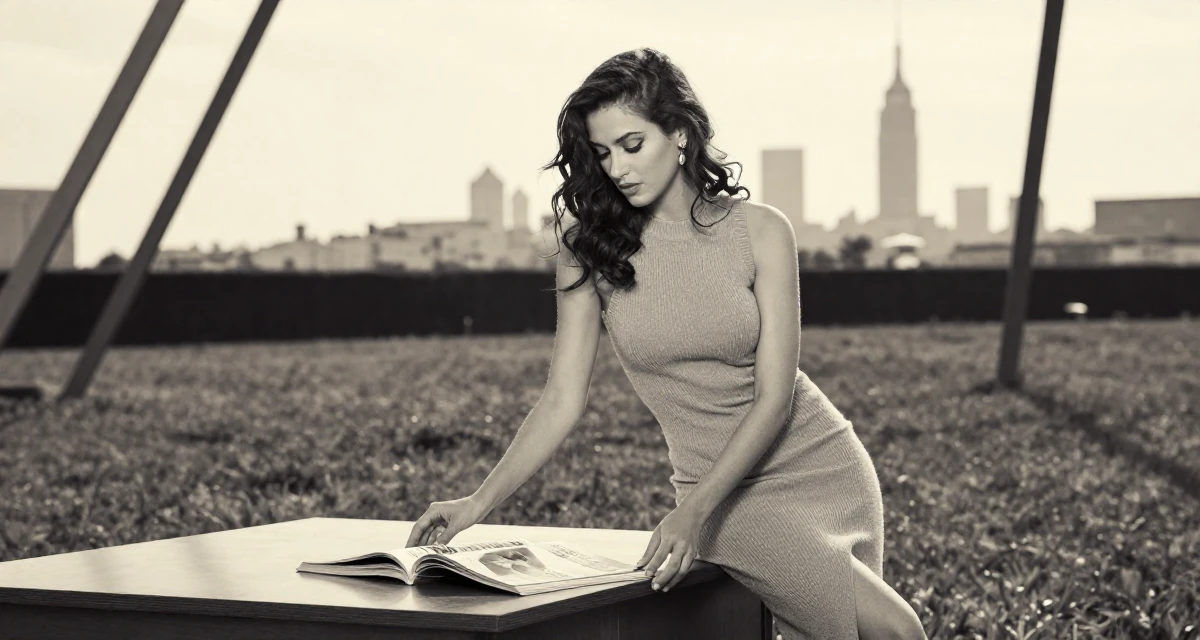 A composed Female From Lebanon, based in Beirut, graduated from a creative institute majoring in expressive photoshoot styling in their 23, learning the pain of “low views after high effort”, wearing a fitted knit dress with a side slit, flipping through a magazine in a grassy field.