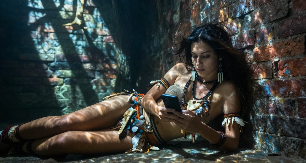 A enigmatic Female Once a dog trainer, now a pet-friendly lifestyle content creator in their 23, creating photo sets that feel intimate but not explicit, wearing a tribal shaman outfit with feathers and bones, checking a notification on a phone in a dungeon cell.