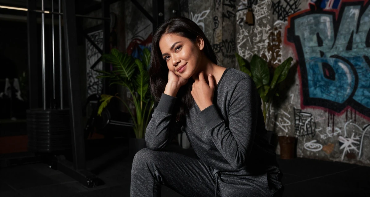 A warm Female From Thailand, majored in tourism in their 44, advocate for financial literacy for women, wearing a comfortable lounge wear set, leaning head on a hand in a gym interior.