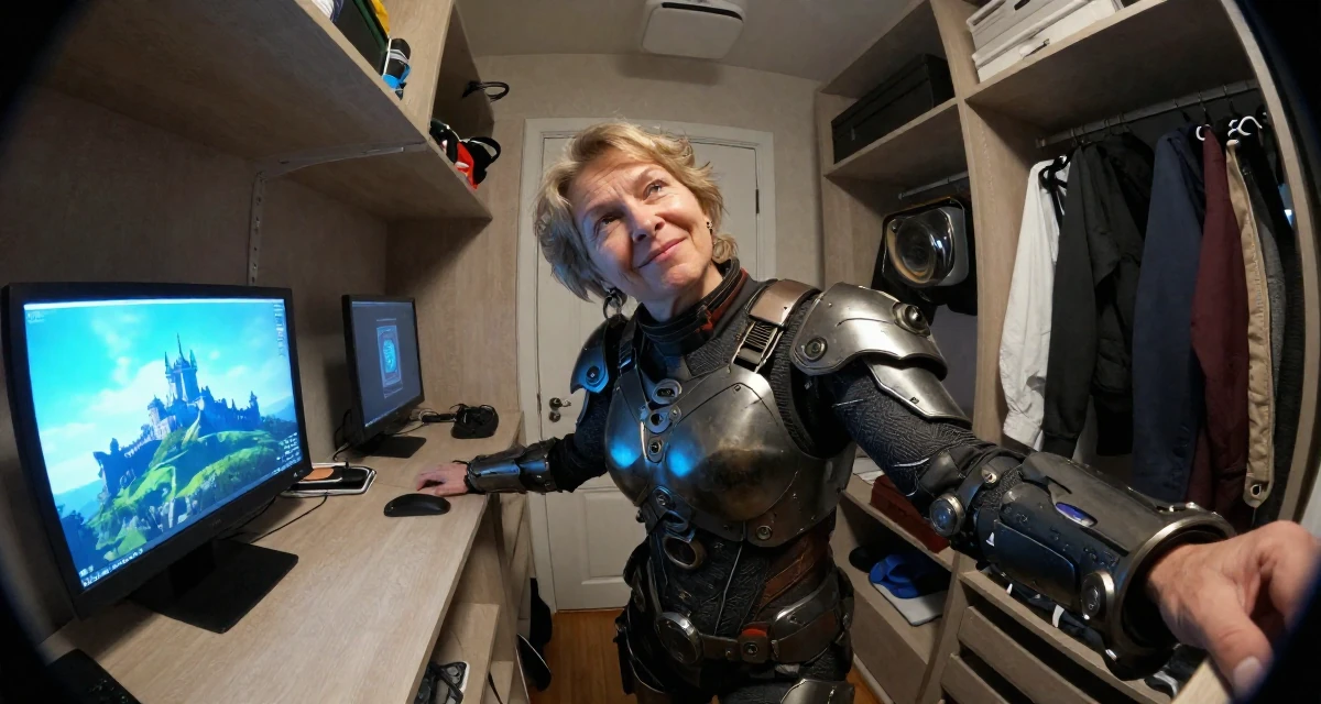 A gently amused Female From Russia, studied computer science at a technical university in their 46, celebrating the confidence that comes with age, wearing a biopunk organic armor suit, grabbing a railing for support in a walk-in wardrobe.