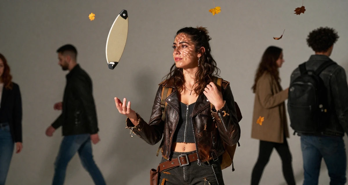 A lighthearted Female Former model agency assistant, now running her own creator portfolio in their 26, juggling real-life chaos with online expectations, wearing a post-apocalyptic scavenger outfit with distressed leather, adjusting a backpack strap in a photo studio.