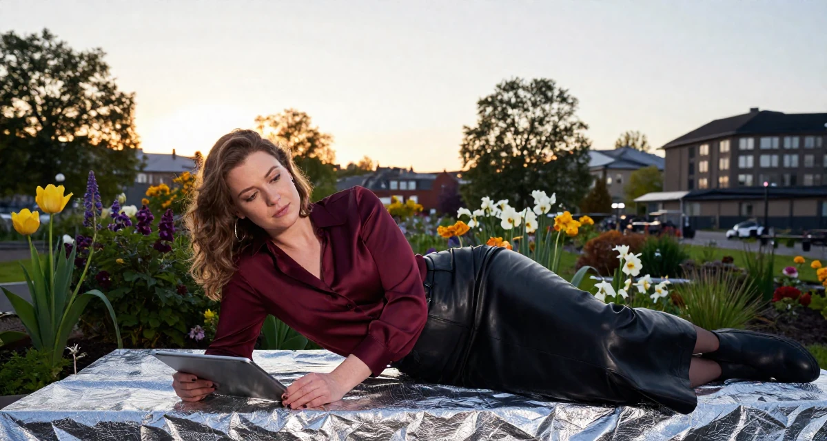 A dazed Female From Oslo Norway, majored in music technology in their 28, facing creator fatigue while pretending to thrive, wearing a burgundy silk blouse and black leather skirt, holding a tablet in a blooming flower garden.