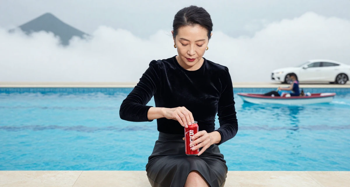 A focused and sharp Female From Macau, learned performance makeup from casino backstage crews in their 40, defying stereotypes of aging women, wearing a fitted velvet top and a leather skirt, opening a soda can in a swimming pool.