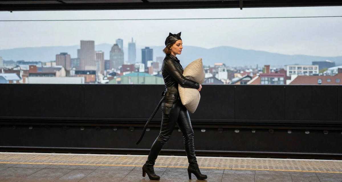A soulful Female From UK, studied anthropology in their 23, handling occasional negative comments professionally, wearing a tight leather cat burglar suit with a utility belt, hugging a pillow or cushion in a subway platform.