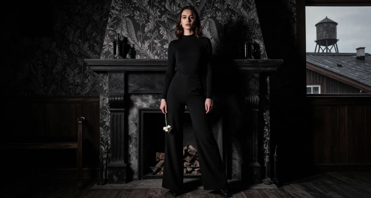 A quietly confident Female Once a supermarket clerk, now building a slow-life creator brand in their 23, realizing that friendships require hard work, wearing a fitted bodysuit and wide-leg dress pants, holding a single flower in a ski lodge fireplace.