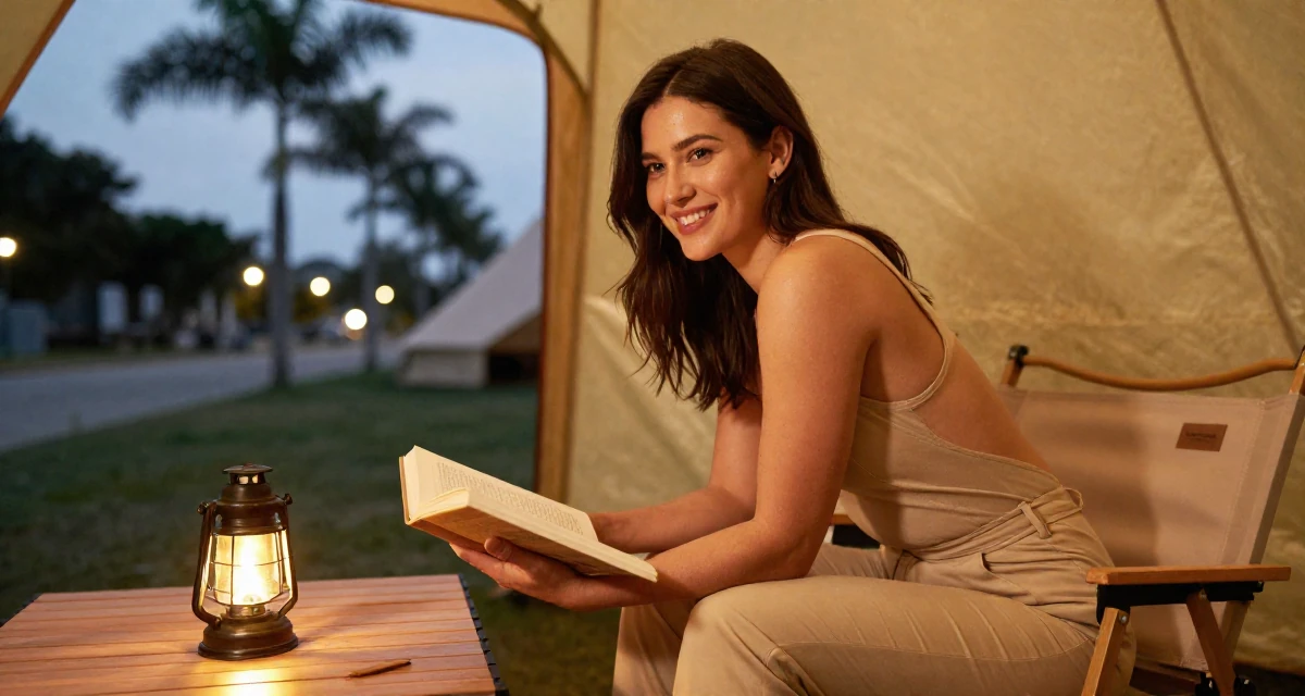 A bright and optimistic Female Previously a travel-blog student, now turning trips into premium creator content in their 34, seeking spiritual or philosophical growth, wearing a fitted jumpsuit with an open back design, opening a book in a camping site.