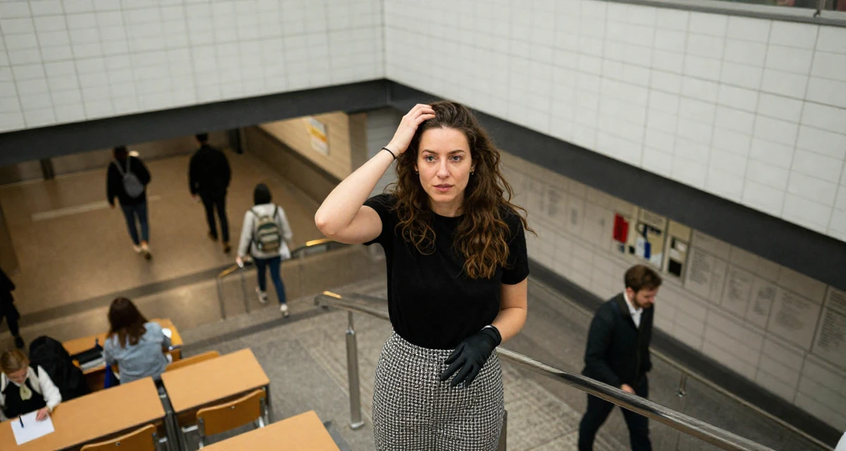A refreshed Female From Germany, studied information engineering in their 35, celebrating a major career milestone, wearing a houndstooth pattern skirt and black top, putting on a glove in a classroom setting.