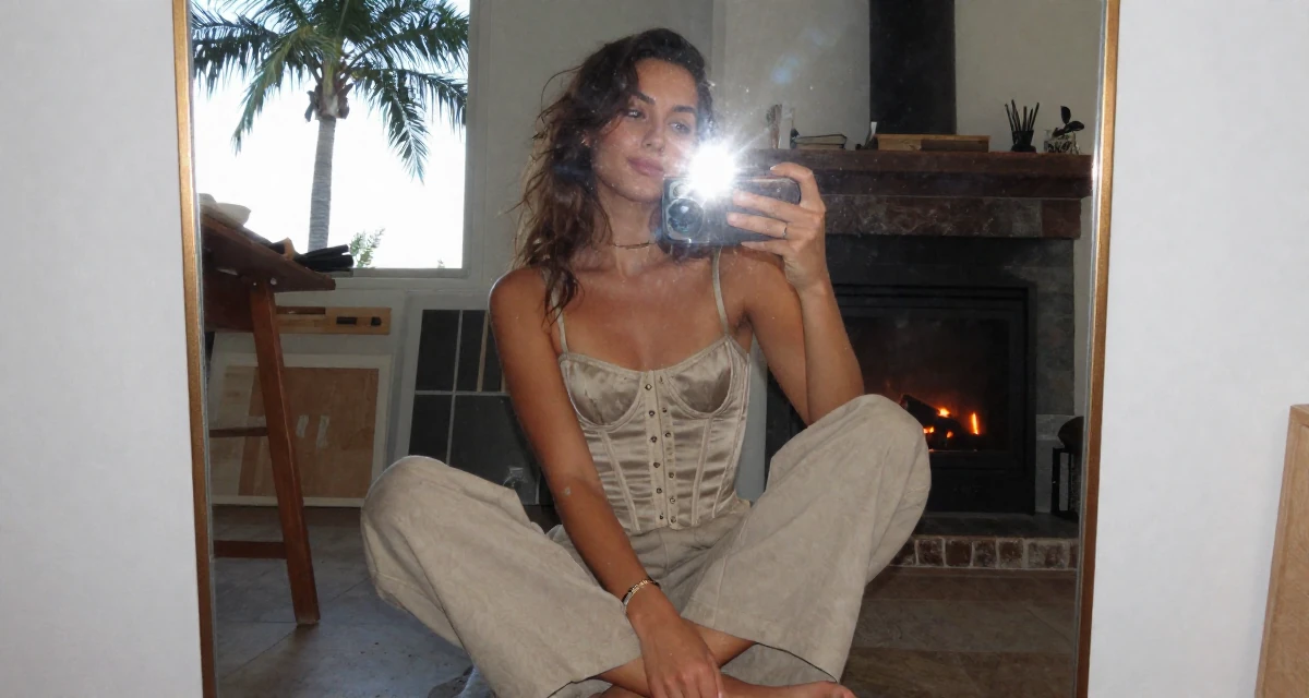 A teasing Female Once a university researcher, now creating slow-life intimate content in their 25, considering expanding into TikTok or Reddit promo, wearing a corset-style top and wide-leg trousers, taking a deep breath in a artist workshop.