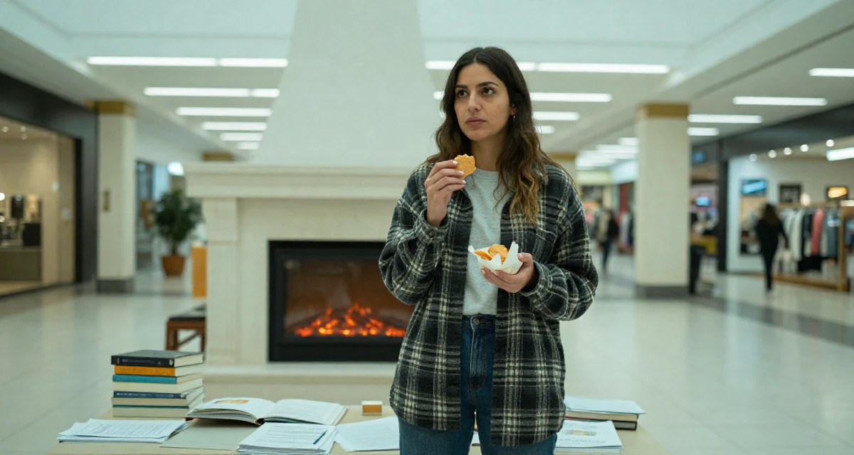A introspective Female From Valencia Spain, holds a degree in tourism management in their 25, deciding to start a business or bold project, wearing a cozy oversized flannel, holding a snack in a shopping mall atrium.