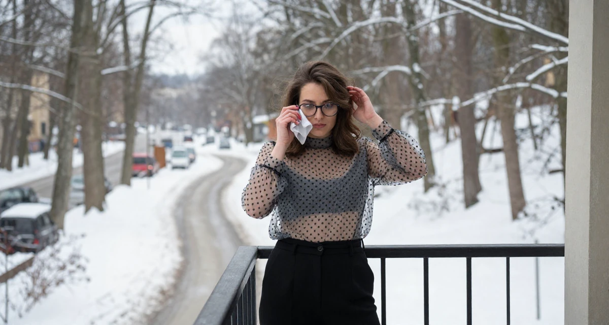 A quietly confident Female From Poland, majored in international relations in their 25, embracing solitude and self-discovery, wearing a sheer polka dot blouse and black trousers, cleaning glasses with a cloth in a forest path.