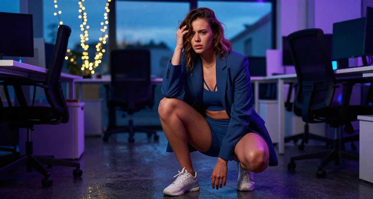 A proud and dignified Female From the Netherlands, based in Utrecht, graduated from a creative academy majoring in UX design in their 22, wearing an ill-fitting blazer and looking nervous, wearing a strappy gym top and compression shorts, tapping a foot rhythmically in a office break room.