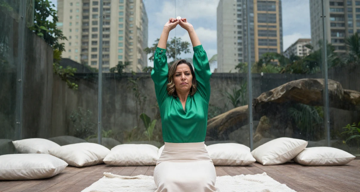 A pensive Female From Brazil, trained in physical therapy in their 50, proof that life begins at fifty, wearing a emerald green silk blouse and a cream skirt, flipping a coin in a zoo enclosure path.