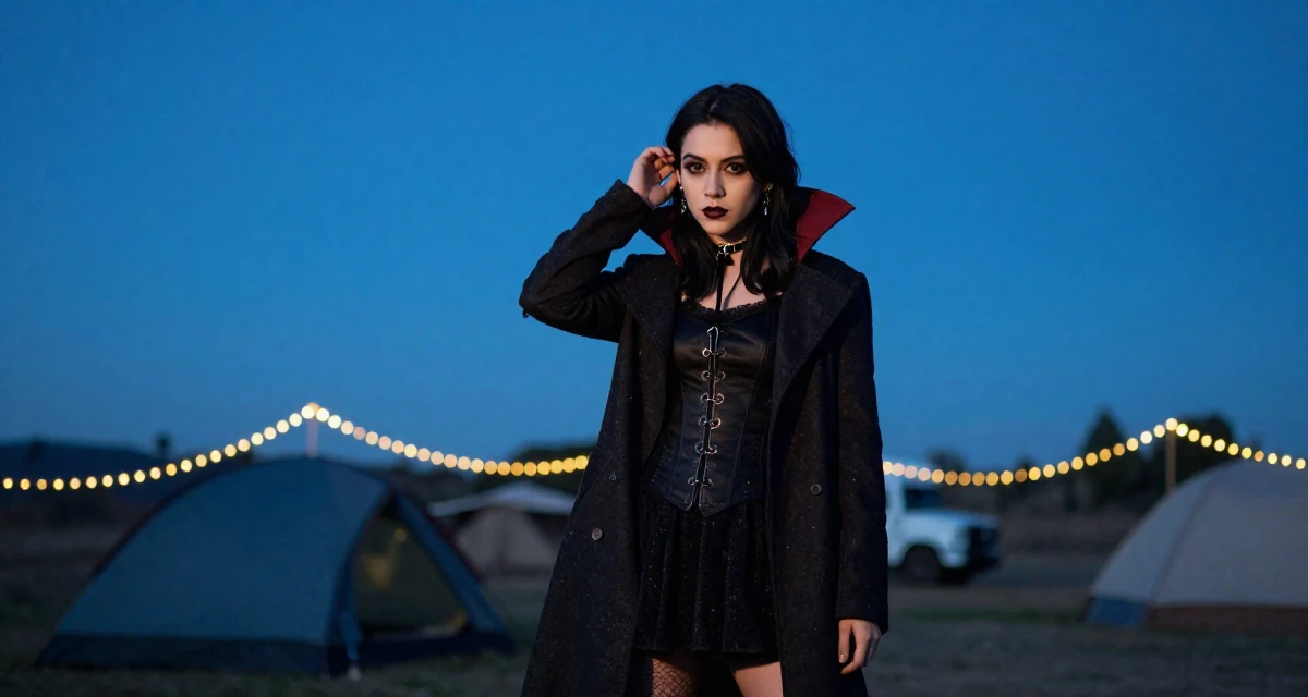 A lonely Female From Mexico, majored in advertising and PR in their 23, seeking validation through achievement, wearing a gothic vampire hunter outfit with a long coat, tucking hair behind an ear in a camping site.
