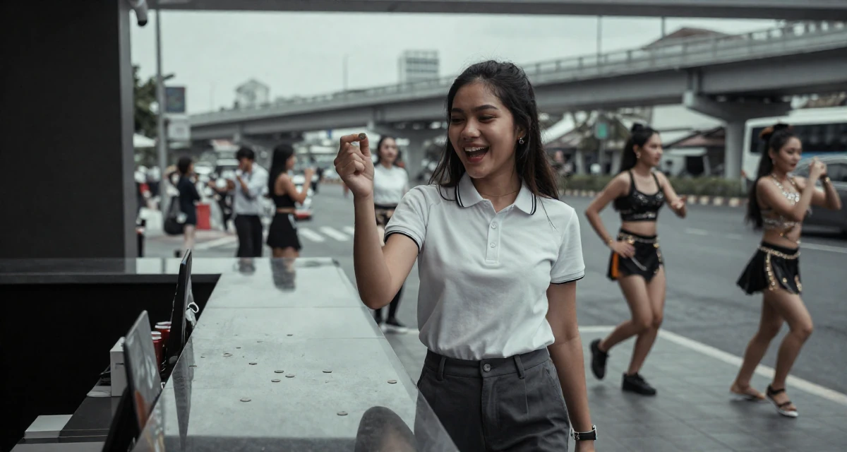 A victorious Female From Bangkok Thailand, learned nightclub choreography and costume design in their 20, radiating fresh-faced youthful energy, wearing a smart polo shirt and slacks, flipping a coin in a busy intersection.