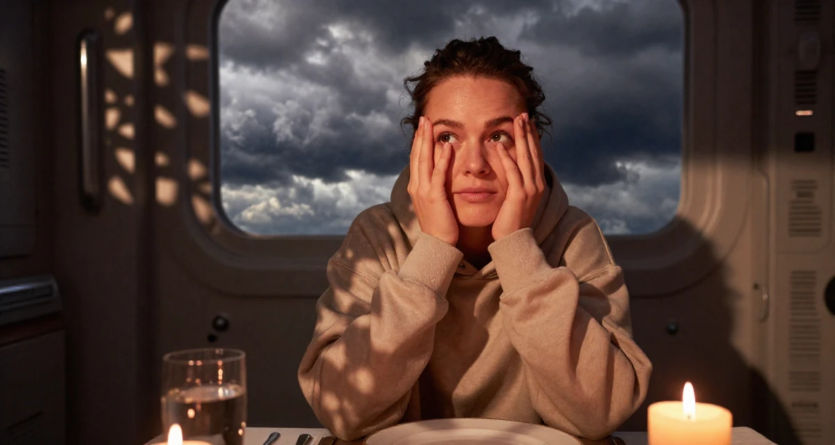 A lazy Female From Finland, studied applied linguistics in their 25, gaining confidence in professional expertise, wearing a relaxed jogger and sweatshirt combo, rubbing eyes in a spaceship corridor.
