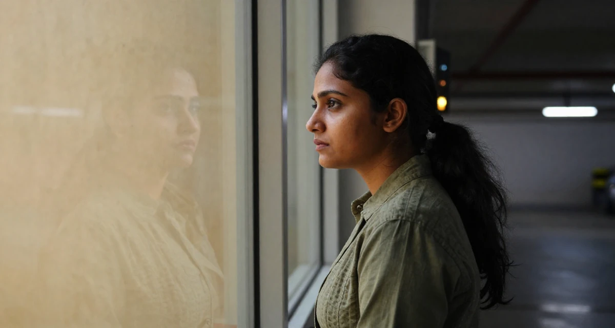 A melancholic Female From India, based in Bangalore, graduated from a technical institute majoring in information systems in their 22, determined to prove their worth quickly, wearing a muted olive green tones, looking at a reflection in a window in a underground parking garage.