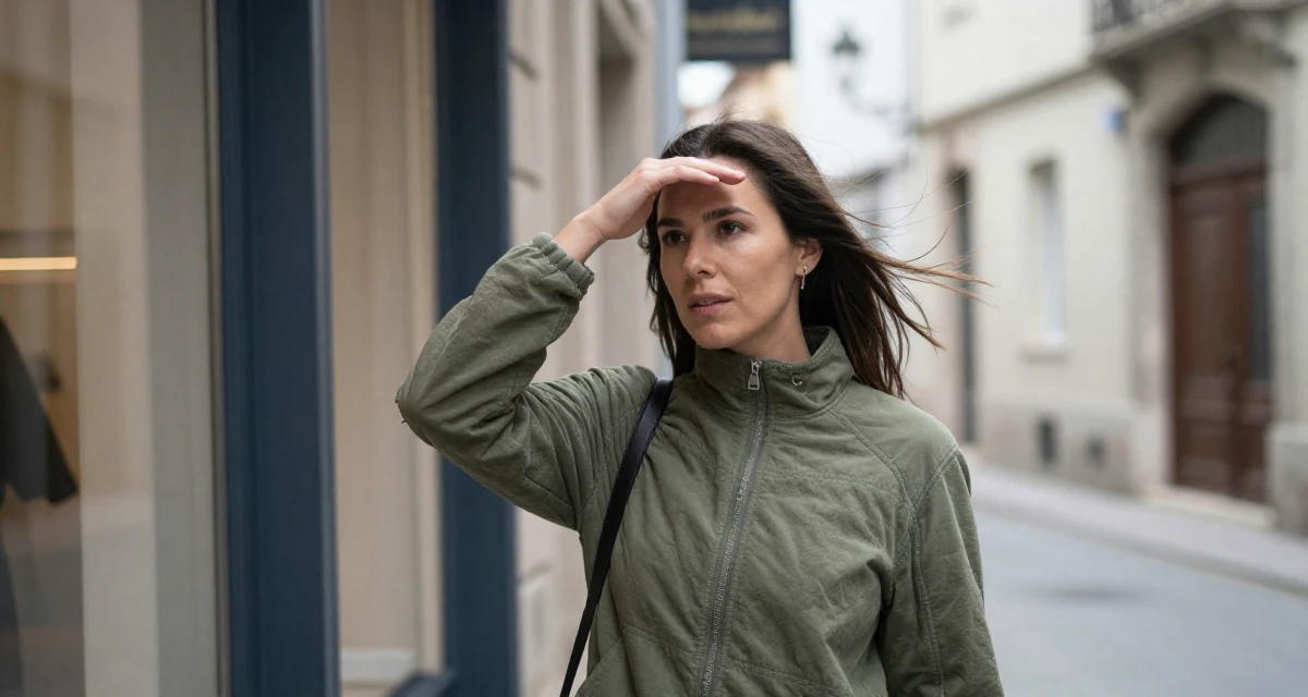 A thoughtful Female Once a junior photographer, now the subject of her own shoots in their 40, celebrating a decade of professional mastery, wearing a muted olive green tones, shielding face from the wind in a quaint European street.
