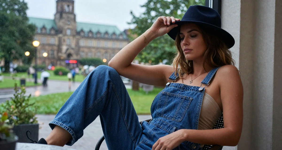 A lazy Female From Hamburg Germany, learned studio lighting from fashion workshops in their 28, understanding that burnout is part of the cycle, wearing a tube top and oversized denim overalls with one strap down, adjusting a hat in a garden patio.