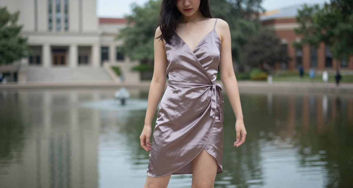 A seductive Female Once a ballet dropout, now redefining movement through intimate expression in their 23, seeking career clarity through trial and error, wearing a satin wrap dress tied loosely at the waist, cracking knuckles in a university campus.