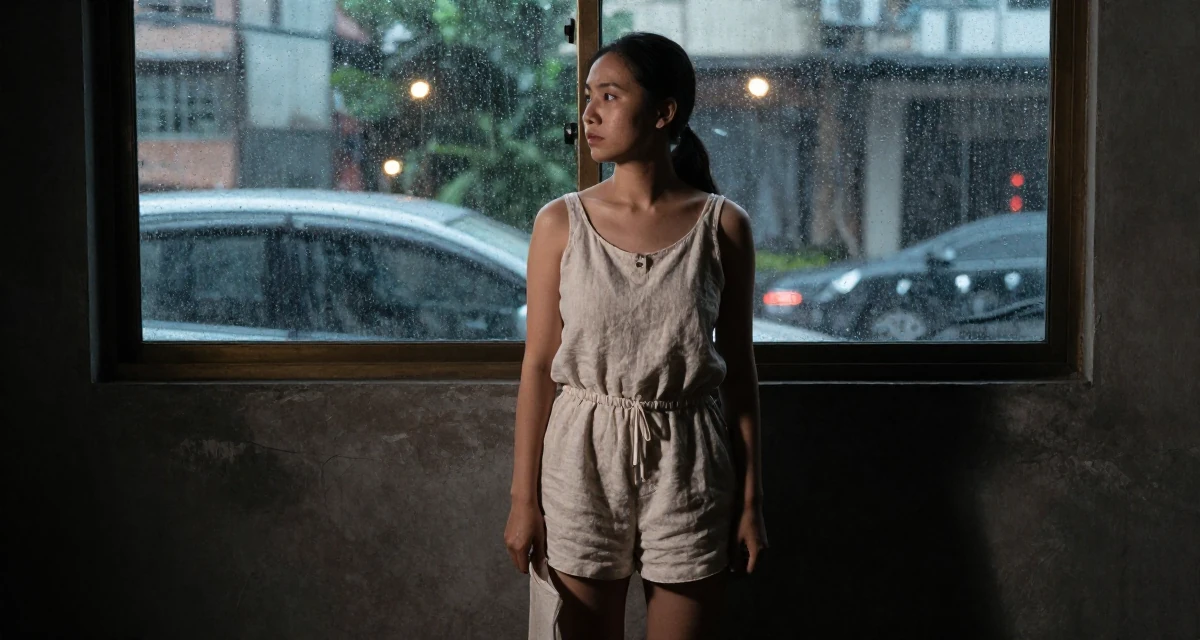 A pensive Female From Vietnam, majored in social work in their 22, understanding the importance of mental resilience, wearing a short romper made of soft linen fabric, pulling up a sock in a basement studio.