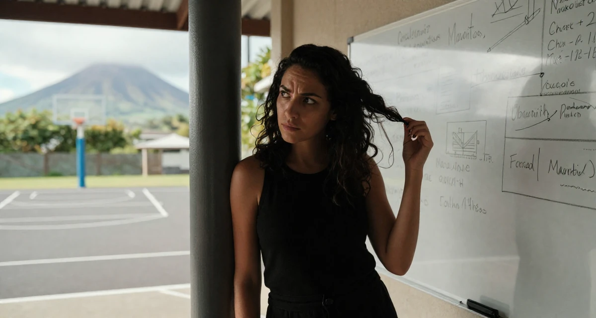A impatient Female From Mauritius, studied digital marketing in their 31, enjoying the fruits of labor from the 20s, wearing a urban minimalist silhouette, fixing a loose strand of hair in a basketball court.