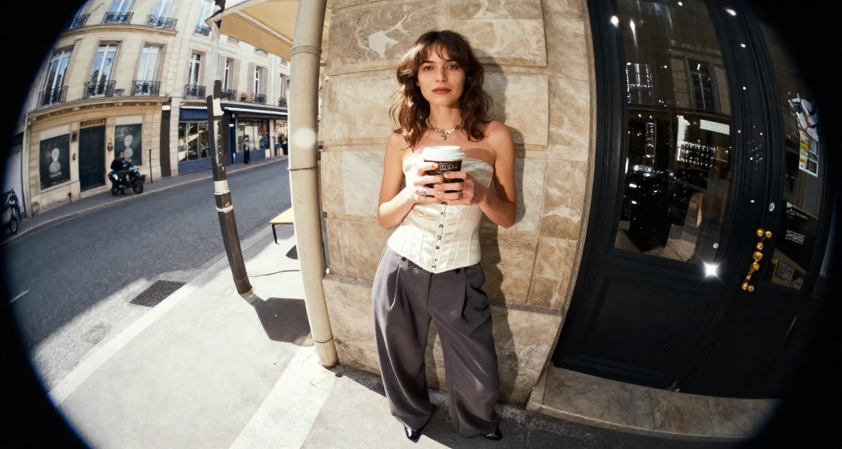 A grounded Female From Paris France, studied artistic nude photography as a creative discipline in their 30, first-time entrepreneur building a startup, wearing a corset-style top and wide-leg trousers, holding a coffee cup with both hands in a sunny patio.