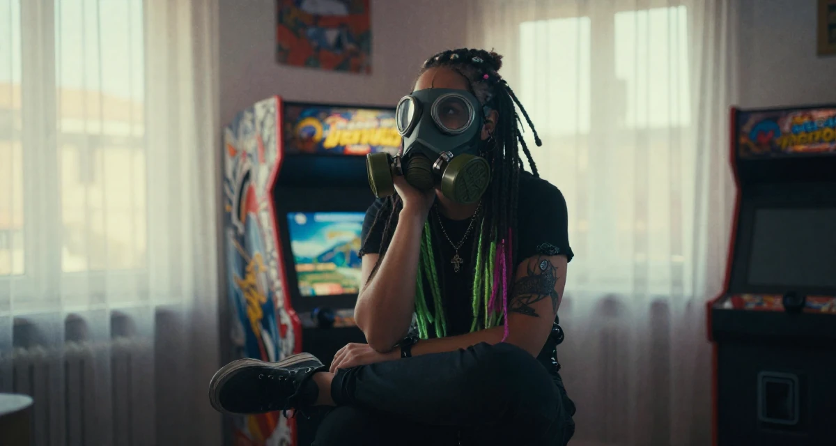 A open and honest Female From Belgium, has a degree in international law in their 47, sharing tips on managing a multigenerational home, wearing a cyber-goth outfit with gas mask and neon dreads, dangling a shoe from one foot in a arcade room with neon lights.