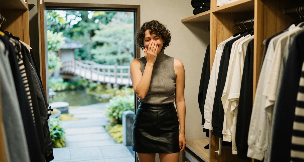 A sentimental male Once a babysitter, now documenting grown-up self-expression in their 23, realizing that friendships require hard work, wearing a fitted turtleneck sleeveless top and a leather mini skirt, covering a laugh with one hand in a walk-in closet.