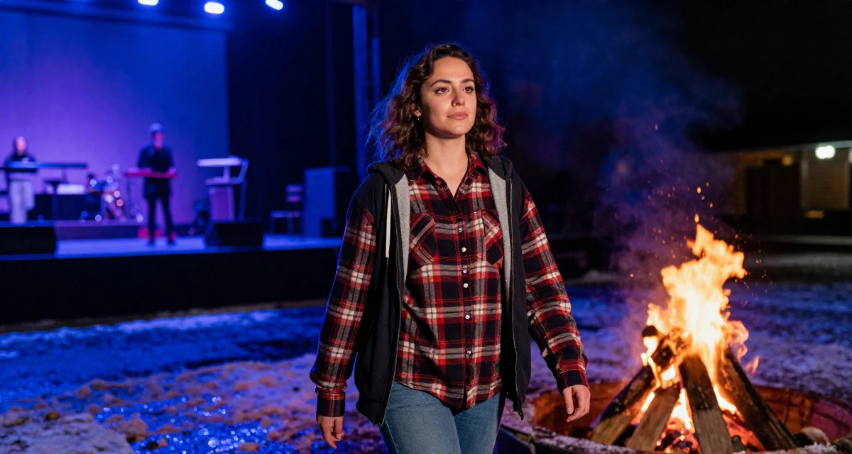 A confident Female From Canada, has a diploma in graphic design in their 26, learning that trends shift faster than energy can keep up, wearing a casual plaid button-down, zipping up a hoodie in a concert hall.