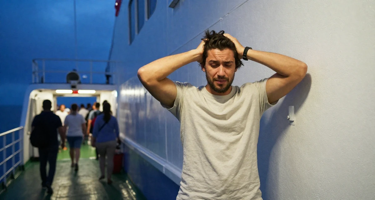 A glowing male From Brazil, studied fashion merchandising in their 22, feeling the sting of zero new subs after hours of effort, wearing a clean, neutral-toned casual outfit, pushing hair from face in a ferry deck.