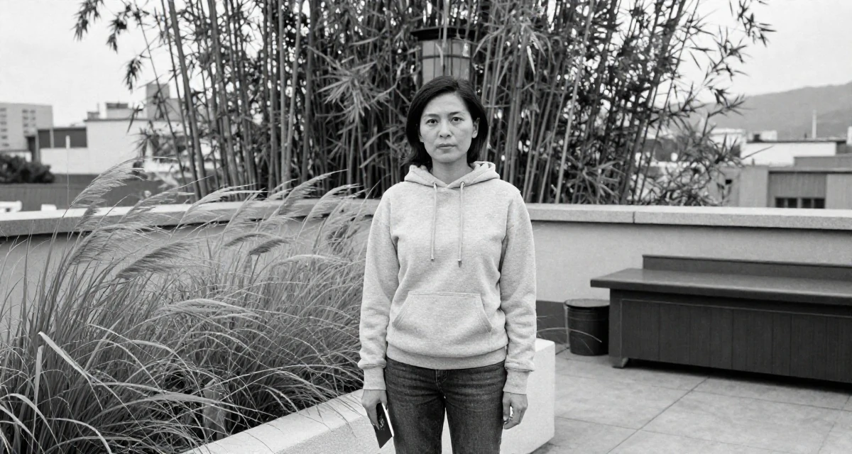 A assured Female From Taiwan, studied visual communication design in their 29, preparing for the transition into the 30s, wearing a classic grey hoodie and jeans, holding a passport in a rooftop terrace.