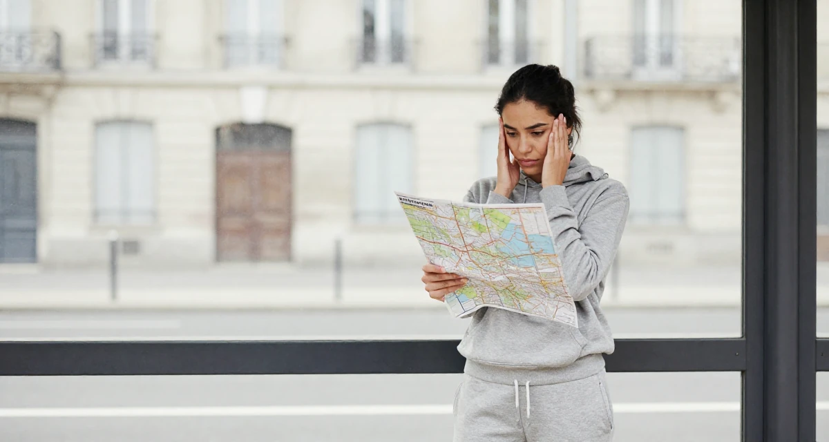A magnetic Female From France, studied viticulture and oenology in their 22, confronting self-doubt in early career roles, wearing a relaxed jogger and sweatshirt combo, looking at a map in a bus stop.