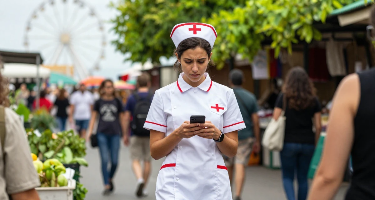 A serious Female From Italy, studied product design in their 21, seeking internships and professional validation, wearing a nurse cosplay uniform with a stylized cap, reading a text message in a bustling market.