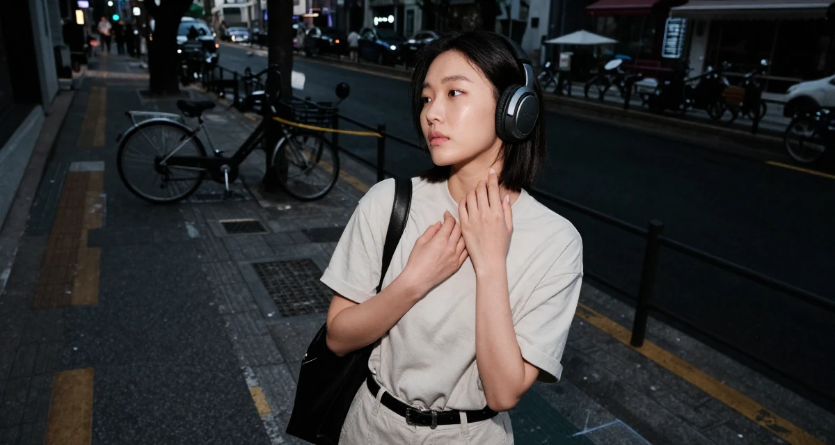 A pensive Female From Seoul South Korea, studied international relations in their 29, navigating the fear of stagnation in a saturated market, wearing a clean, neutral-toned casual outfit, adjusting headphones in a city sidewalk.