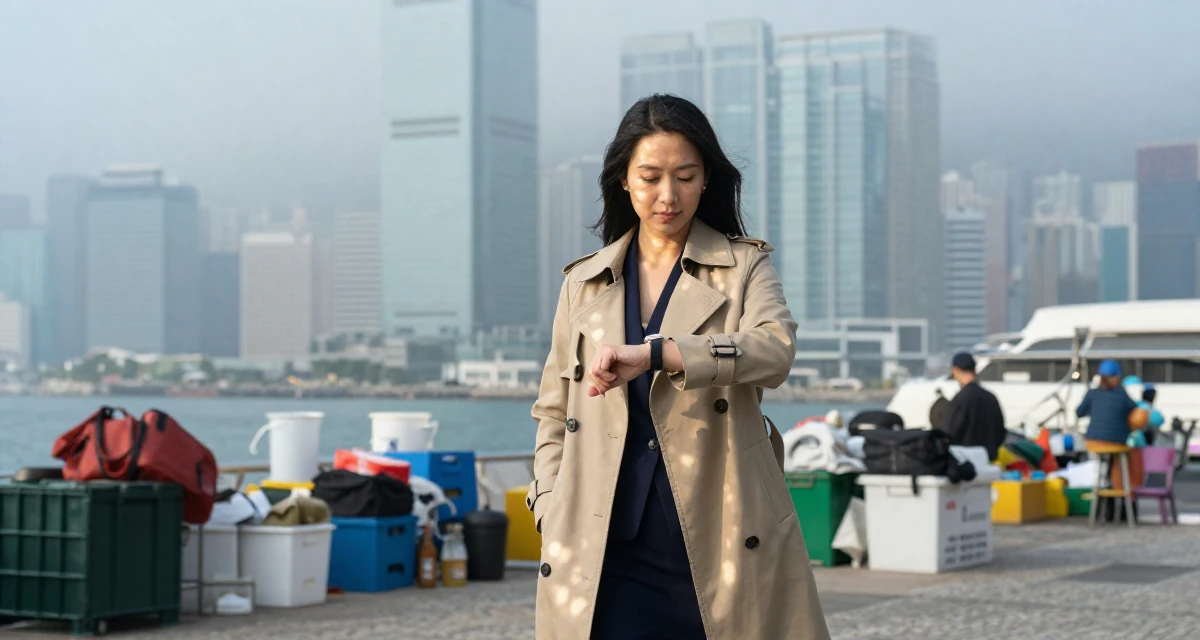 A empowered Female From Hong Kong, studied digital media arts in their 44, minimalist living with a focus on quality, wearing a classic trench coat worn over a business dress, glancing at a wristwatch in a foggy harbor.
