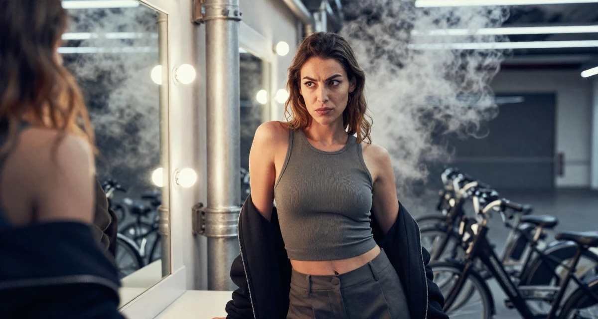 A sarcastic Female From Madrid Spain, studied sensual dance and camera presence in their 37, sharing tips for successful networking, wearing a fitted vest top worn without a shirt underneath and slacks, zipping up a hoodie in a vanity mirror.