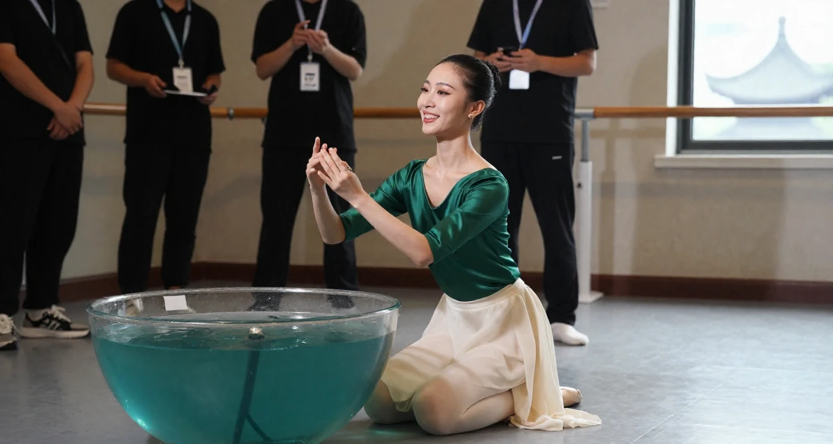 A joyful Female From Macau, learned performance makeup from casino backstage crews in their 22, feeling like a small fish in a big corporate pond, wearing a emerald green silk blouse and a cream skirt, playing with a ring on a finger in a ballet studio.