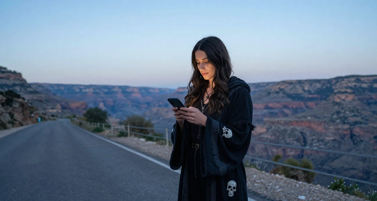 A zen-like Female From Portugal, majored in digital storytelling in their 22, figuring out what content brings recurring subs, wearing a dark fantasy necromancer robe with skull motifs, checking a phone in a country road.
