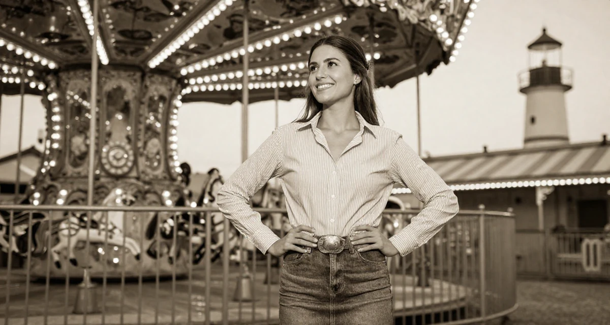 A warmhearted Female From Spain, majored in public relations and advertising in their 20, living entirely for the aesthetic of the moment, wearing a striped button-down shirt tucked into a denim pencil skirt, fixing a belt buckle in a carnival with rides.