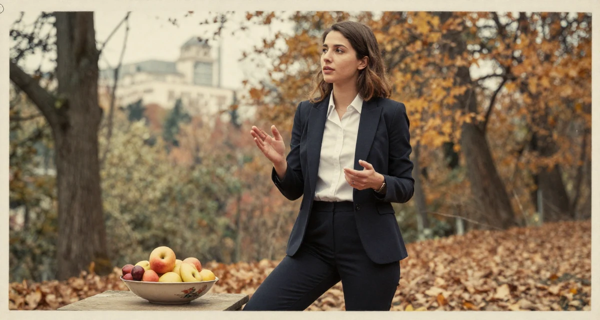 A mellow Female From Greece, studied classical studies and history in their 22, managing new financial responsibilities, wearing a sharp business casual attire, gesturing while talking in a autumn forest.