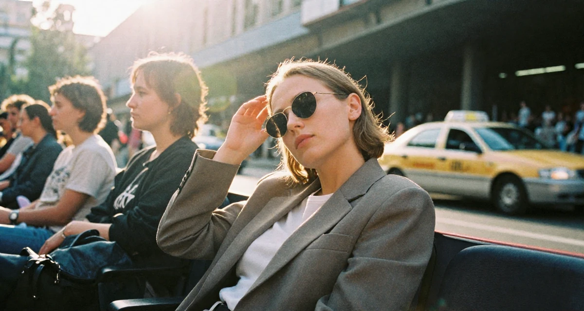 A sleepy Female From Russia, studied digital media at a vocational school in their 22, grinding nonstop while peers enjoy carefree weekends, wearing a smart casual blazer ensemble, lowering sunglasses to look out in a concert hall.