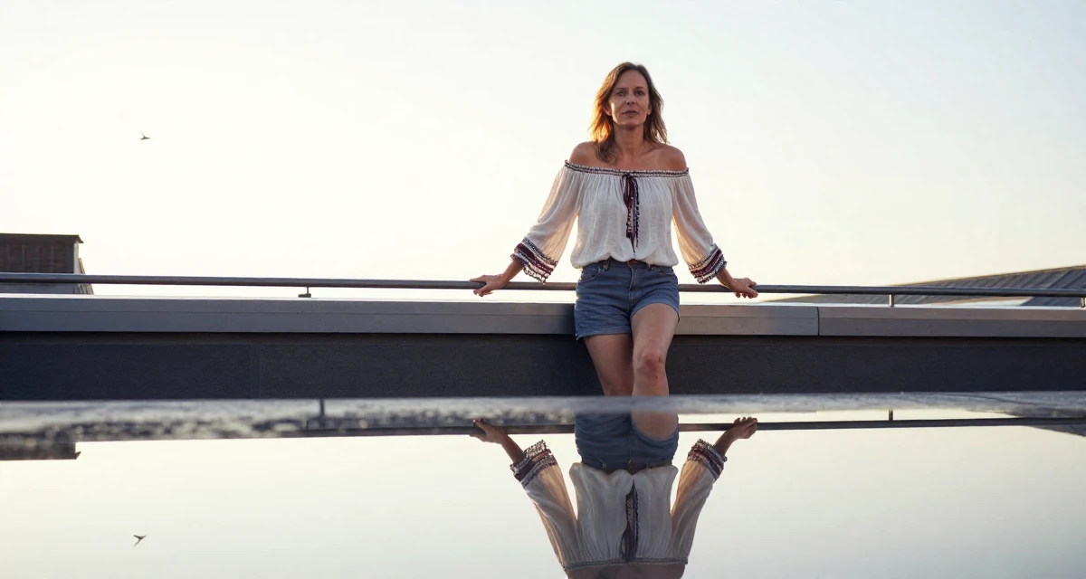 A commanding Female From Denmark, based in Aarhus, graduated from a media institute majoring in branding in their 50, established authority in a niche industry, wearing a boho style off-shoulder peasant top and shorts, leaning on a railing in a rooftop terrace at sunset.