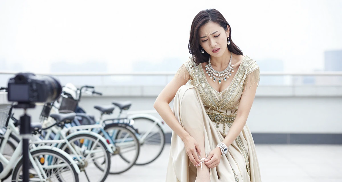 A carefree Female From Chengdu China, self-taught photographer with nightlife roots in their 25, dealing with nervousness before posting first video, wearing a regal empress gown with heavy silk and jewelry, tying a shoelace in a rooftop terrace.