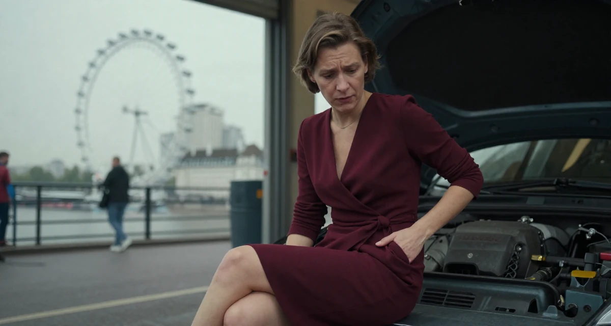 A curious and focused male From Hungary, majored in economics in their 22, feeling the sting of zero new subs after hours of effort, wearing a elegant wrap dress in deep burgundy, sliding a hand into a pocket in a mechanic garage.