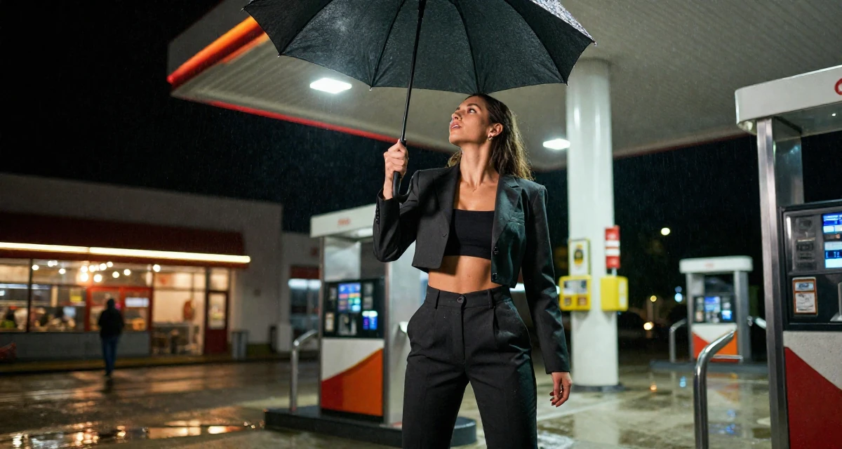 A moody Female From Germany, studied industrial design at a technical college in their 23, discovering the thrill of tasteful seduction, wearing a cropped business jacket and high-waisted pants, shaking rain off an umbrella in a gas station at night.