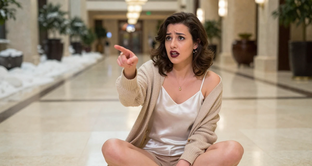 A witty Female Once a history major, now creating vintage-inspired storytelling in their 24, worried about the future of the economy, wearing a white silk camisole and a beige cardigan, pointing at something distant in a luxury hotel lobby.