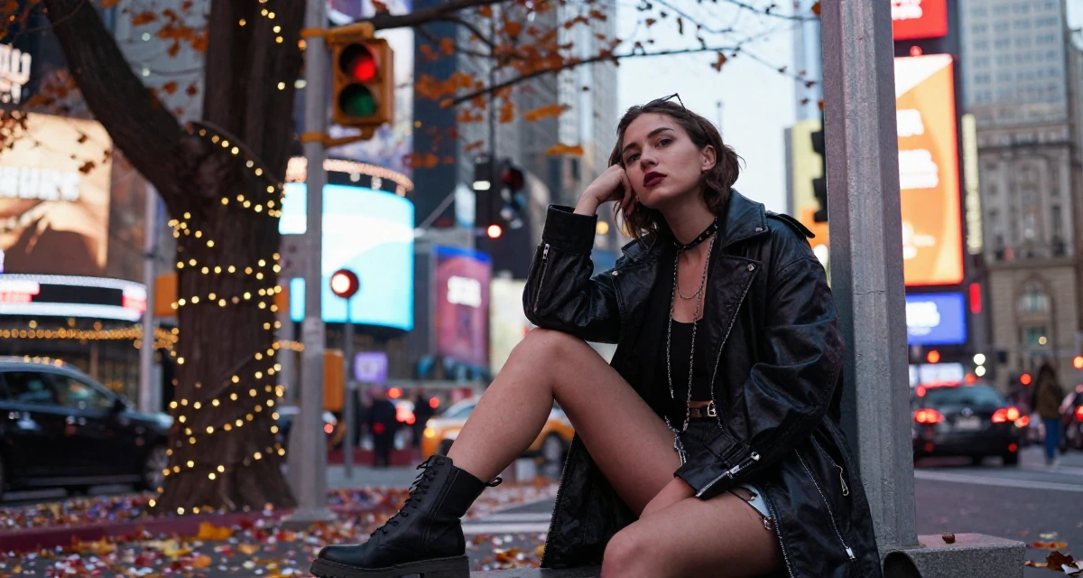 A confident and poised Female Previously a hairstylist, now showcasing transformation-driven content in their 22, experimenting with cosplay or themed shoots, wearing a edgy street style with boots, waiting for a light to change in a autumn forest.