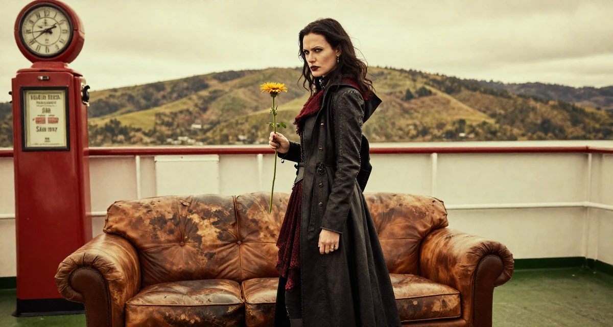 A defiant Female Once a sewing hobbyist, now designing outfits for her shoots in their 37, establishing authority in a niche market, wearing a gothic vampire hunter outfit with a long coat, holding a single flower in a ferry deck.