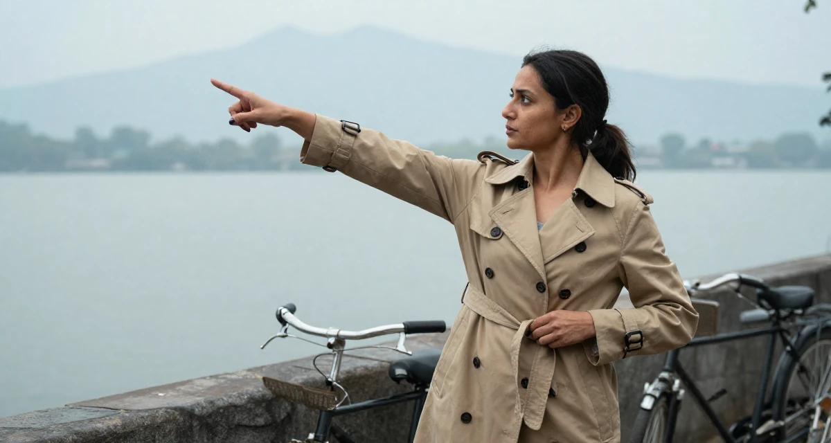 A composed Female From New Delhi India, majored in English literature in their 35, at the peak of creative energy and output, wearing a long trench coat belted tightly at the waist, buttoning a jacket in a serene lakeside dock.